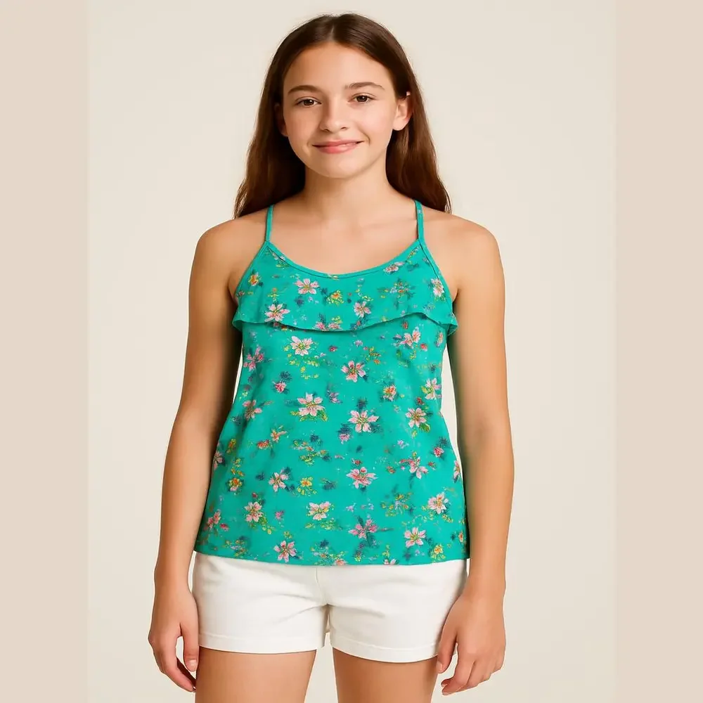 RUMI + RYDER M (8-10) Green Floral Ruffle Criss Cross Back Tank Top Girls